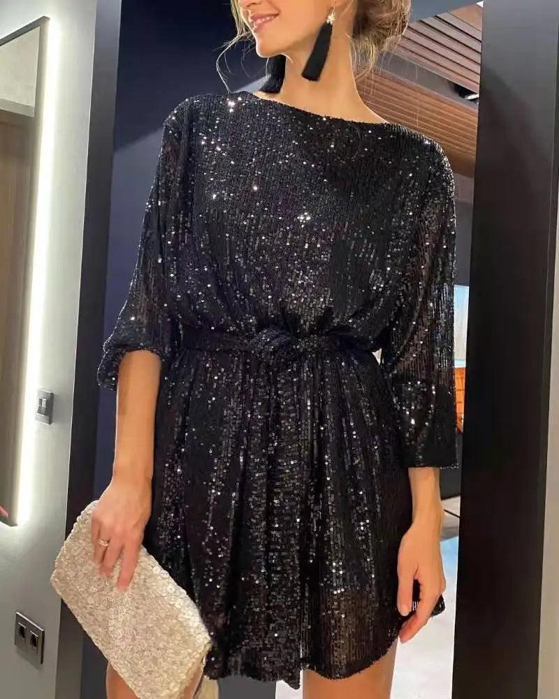 Robe de Fête Courte avec Paillettes et Manches