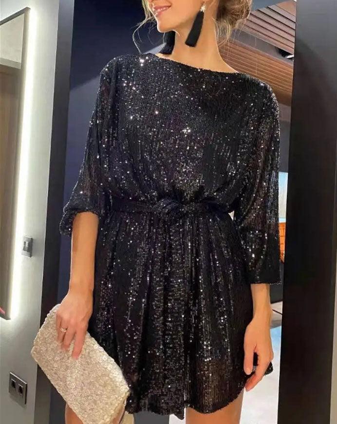 Robe de Fête Courte avec Paillettes et Manches