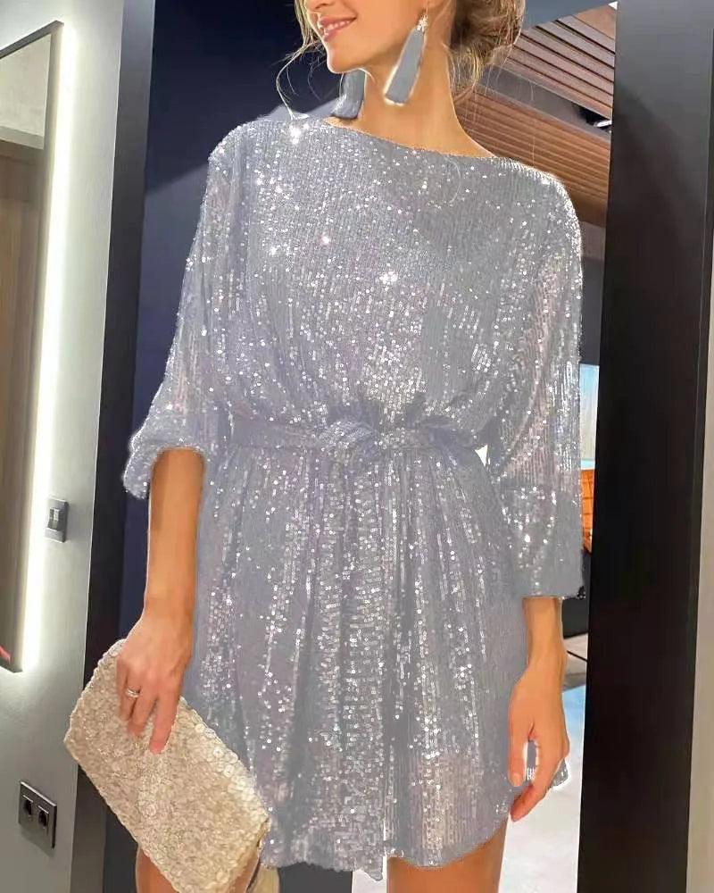 Robe de Fête Courte avec Paillettes et Manches